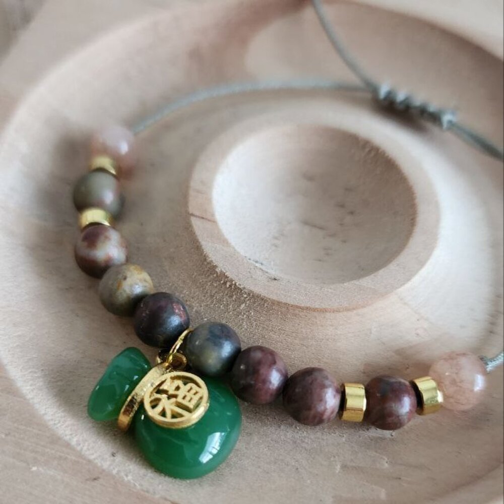 Adjustable Multicolor Jasper Bracelet with Green Jade Money Bag Charm